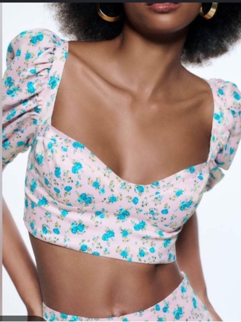 Zara Blue Floral Puff Sleeve Corset Crop Top Cottagecore NWT XS